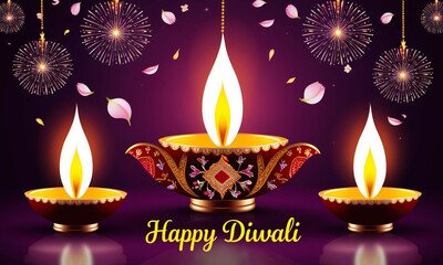 Colorful clay diya lamps with flowers on purple background