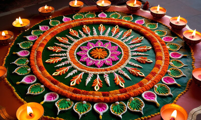 Colorful clay diya lamps with flowers on purple background