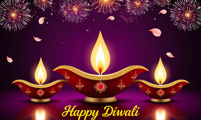 Colorful clay diya lamps with flowers on purple background