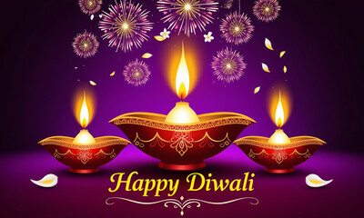 Colorful clay diya lamps with flowers on purple background