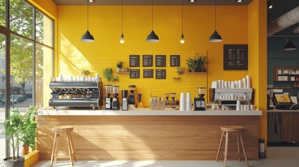 Modern Coffee Shop Interior with Yellow Walls and Wooden Counter