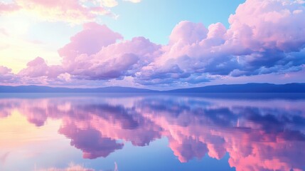 Obraz premium Soft pastel clouds over a still lake at dusk, creating a peaceful, reflective scene.