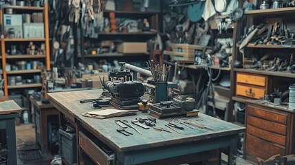 A Cluttered Workshop with Tools and Vintage Equipment