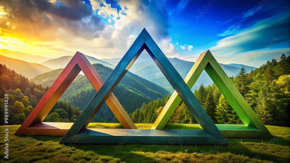 Poster three interlocking triangles in bold colors representing unity, balance, and harmony in design