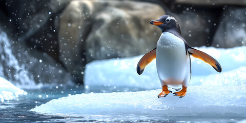 Fototapeta premium Penguin walking on ice with background elements