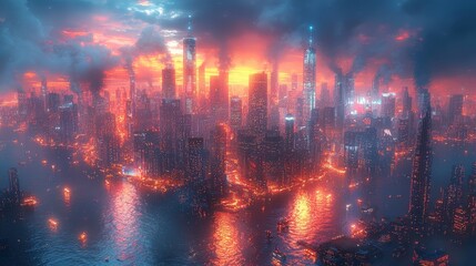 Fototapeta premium Futuristic Cityscape with Skyscrapers and Water Reflections at Sunset