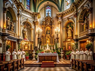 Obraz premium Traditional Latin Mass Setting with Ornate Altar, Candles, and Religious Symbolism in a Church
