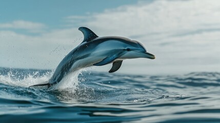 Fototapeta premium A close-up of a dolphin leaping out of the ocean, captured mid-air with the sea and sky as a backdrop.