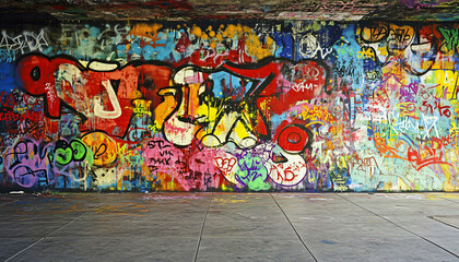 Obraz premium A graffiti-covered urban wall, showcasing vibrant colors, bold lines, and an edgy, artistic vibe