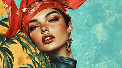 Hyper-real 2D vintage fashion illustration with detailed textures and vibrant color tones, sharp edges