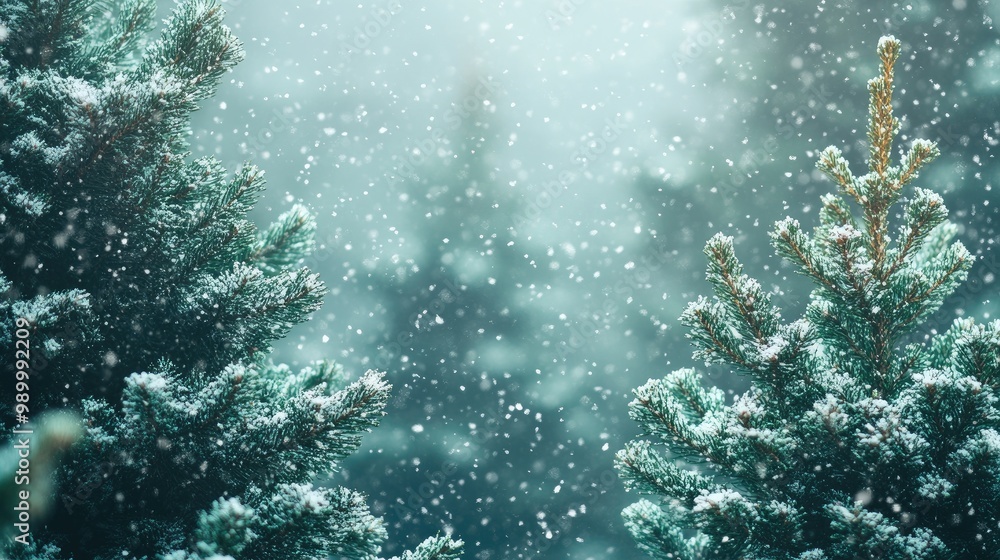 Poster soft-focus image of light snowfall against a backdrop of evergreen trees.