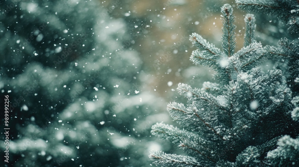Poster Soft-focus image of light snowfall against a backdrop of evergreen trees.