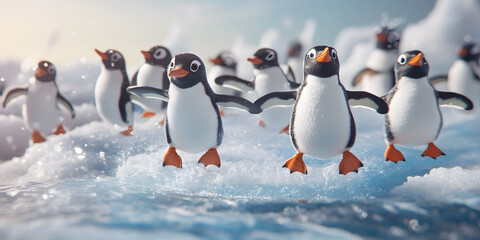 Fototapeta premium Group of Penguins Sliding on Snowy Surface