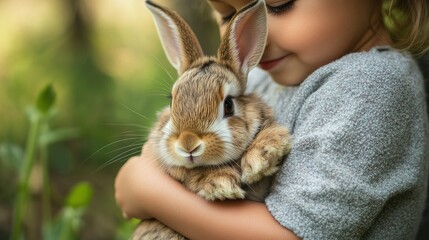 Naklejka premium A close-up of a rabbit being gently held by a child, showcasing the tenderness and connection with animals.