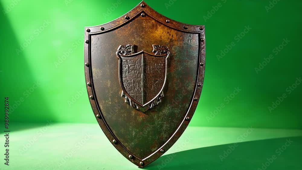 Poster Medieval shield stands on a green screen background with a light source moving over it, illuminating it from different angles