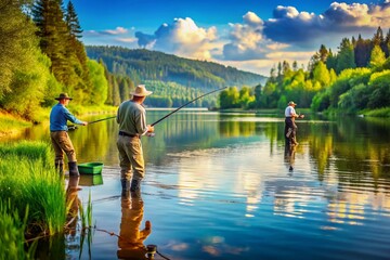 Fototapeta premium Tranquil lake scene with fishermen casting lines into calm waters surrounded by lush green nature