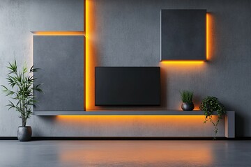 3D rendering of a modern TV wall with shelf and light box on a grey background