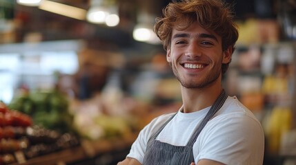 Naklejka premium smiling young male employee working in the grocery store looking at the camera with a friendly attitude providing excellent customer service while managing products on the store shelves