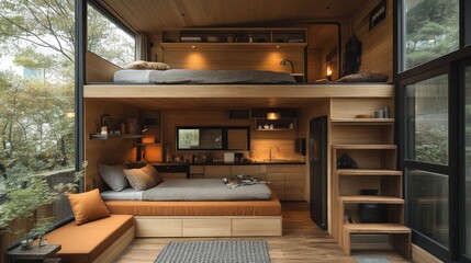 Cozy modern wooden interior with sleeping and living areas.