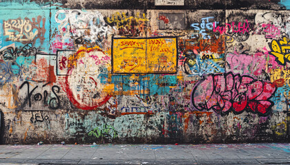 A graffiti-covered urban wall, showcasing vibrant colors, bold lines, and an edgy, artistic vibe