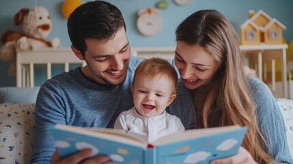 Obraz premium Reading stories in the nursery, a young family bonds while reading to their children.