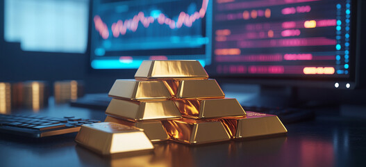 stack of gold bars sits on desk in front of trading screen, symbolizing wealth and investment opportunities. vibrant charts in background reflect market trends and financial growth