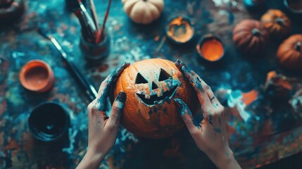 Fototapeta premium A close-up of hands painting a pumpkin with spooky designs, surrounded by paints and brushes.