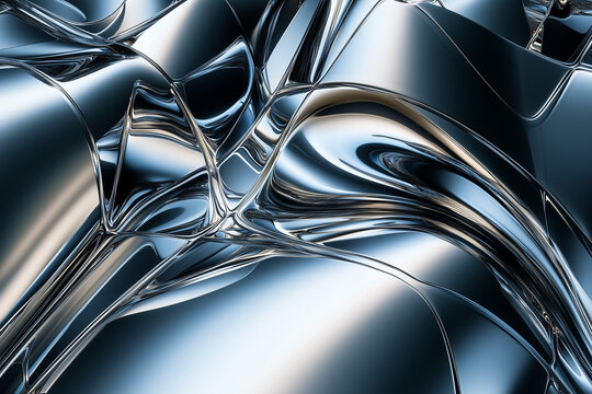 Abstract layers of metallic techno surfaces intertwining in a mesmerizing dance of light and shadow, creating a stunning visual composition