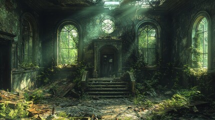 Fototapeta premium Abandoned room overtaken by nature, with light streaming through.