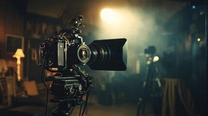 Fototapeta premium Spotlight revealing a vintage film camera on a dimly lit set.