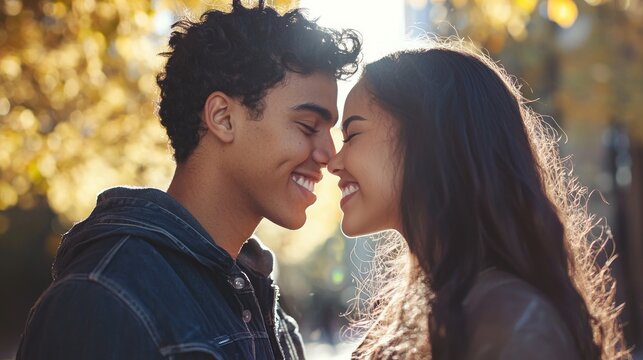 Sharing a tender kiss, a young couple expresses their love in a sweet moment.