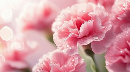 Fototapeta premium A close-up of pink carnations in full bloom, with soft petals and dewdrops glistening in the morning sunlight.