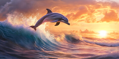 Playful dolphin leaping through ocean waves at sunset