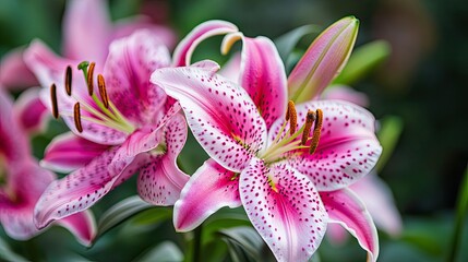 A close-up of pink stargazer lilies, with vibrant colors and intricate patterns on their petals.