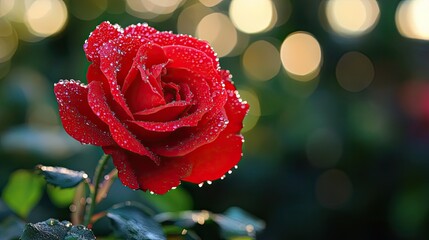 A close-up shot of a vibrant red rose covered in morning dew, with soft sunlight in the background.