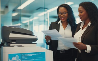 Two women review documents next to an office printer