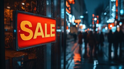 sale event promotion with a sale sign in the window of a shop and people in the street walking by highlighting discount offers and retail shopping during a seasonal promotion in an urban city storefro