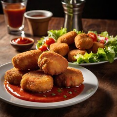 Delicious fresh Chicken Nuggets assortment with Tomato Sauce with some salad served, Chicken nuggets with crispy meat snack, Chicken nuggets made at home