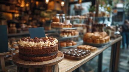 A large cake with a creamy frosting and nuts sits on a wooden counter in a bakery