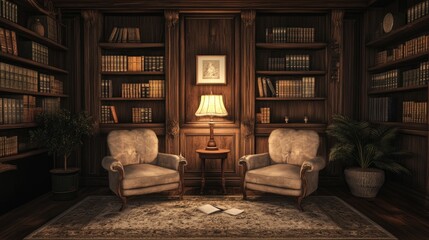 Warm ambient light highlighting a vintage-style reading corner with plush chairs.