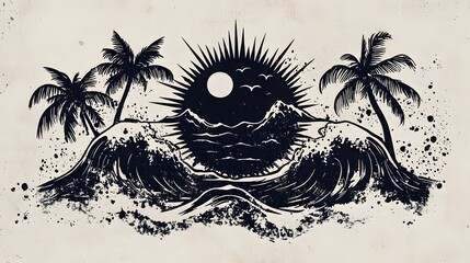 3. A detailed grunge badge sticker rendered in a hand-drawn style, illustrating iconic symbols of Playa de Mexico. The design includes elements like a sun, waves, and palm leaves, all rendered in