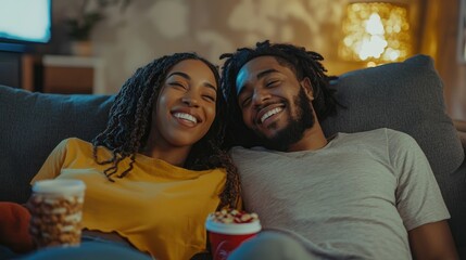 Fototapeta premium Sitting on the couch with snacks, a young couple enjoys their favorite show together.