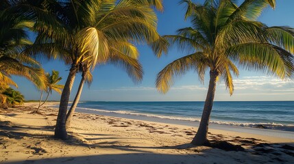 1. Un paisaje tropical en una playa de Mexico durante el verano, donde palmeras altas se balancean suavemente con la brisa. La arena dorada brilla bajo el sol radiante, y el oceano azul se extiende