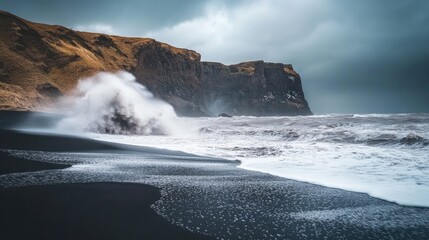Waves crashing onto a black sand beach, with dramatic coastal cliffs in the background.