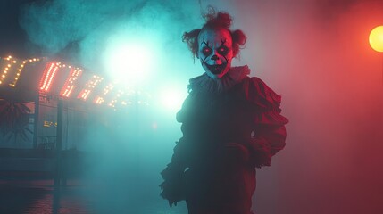A creepy clown standing in a foggy carnival setting, surrounded by flickering lights and eerie shadows.