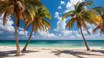 1. Un paisaje tropical en una playa de Mexico durante el verano, donde palmeras altas se balancean suavemente con la brisa. La arena dorada brilla bajo el sol radiante, y el oceano azul se extiende