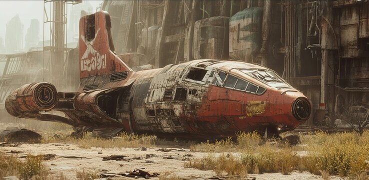 A Crashed Spaceship Resting Among Ruins in a Desolate Landscape