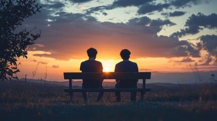 Obraz premium Two young men sitting on a bench, watching the sunset.