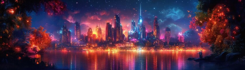 Fototapeta premium Frontal view of a whimsical city, illuminated by neon fantasy lights, blending nature and urban life
