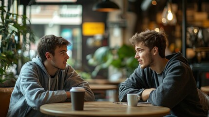 Two young men talking over a cup of coffee in a cafÃ©.